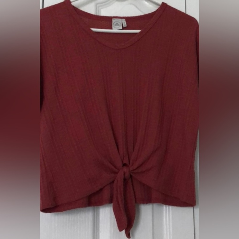 Paper Crane terra cotta colored waffley top with v neck and tie front size large